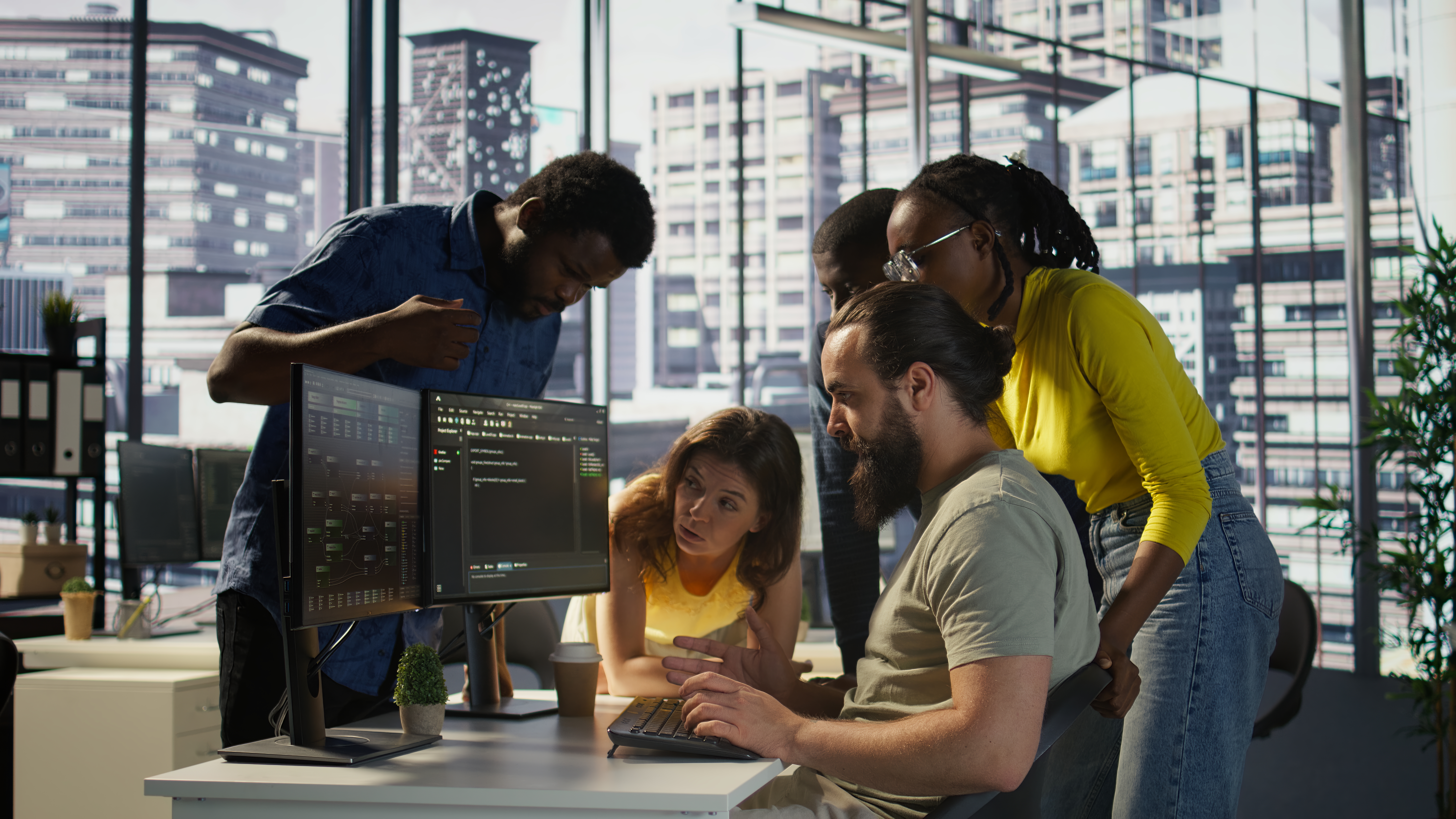 Team members collaborating on a project